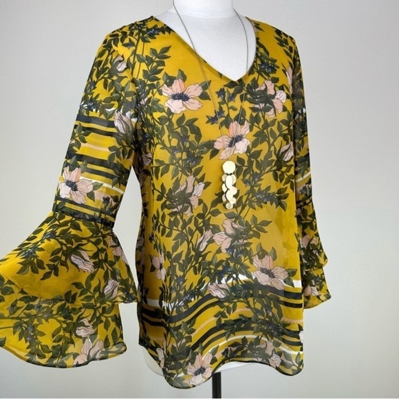 Cabi Spring Scene Floral Bell Sleeve Semi Sheer Blouse - Picture 3 of 8
